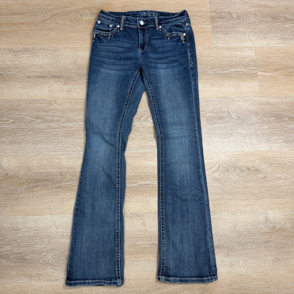Grace in LA Womens Bootcut Jeans Size 28 Dark Wash Western Embroidered Pocket